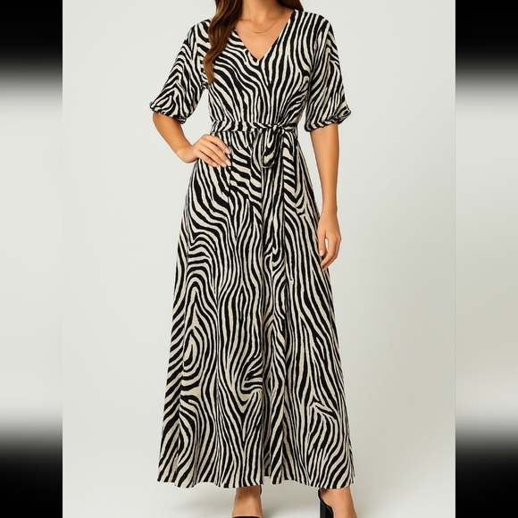 Aakaa Dresses & Skirts - Zebra Print Maxi Dress – Flowy, Elegant & Trendy Opening on One Side